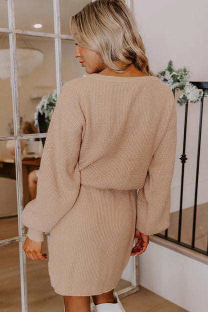 Smoke Gray Pearl Embellished Keyhole Ribbed Sweater Dress