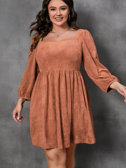 Chestnut Plus Size Suede Square Neck Balloon Sleeve Dress