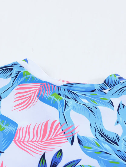 Floral Print Zip Front Half Sleeve Beach One Piece Swimsuit