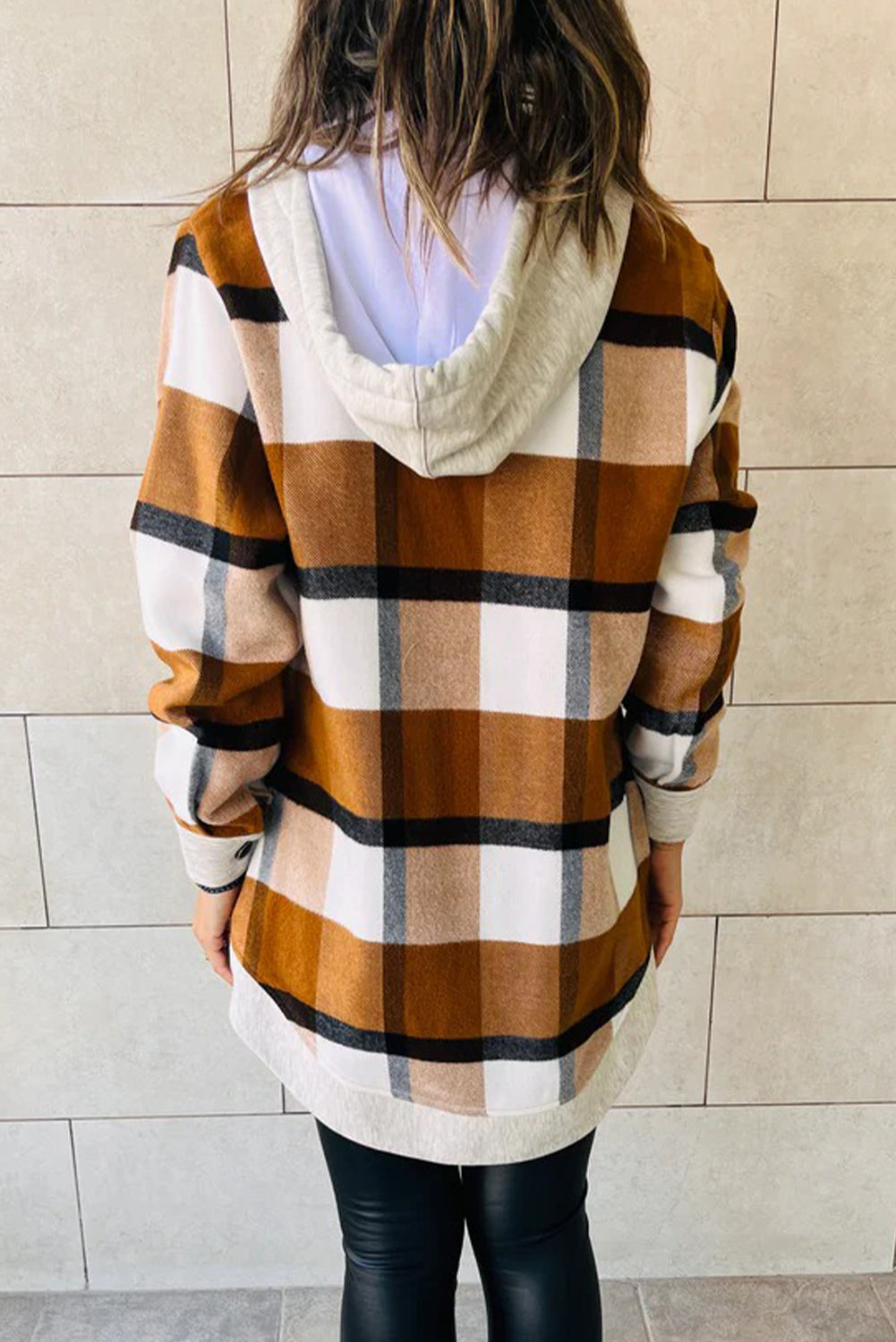 Brown Vintage Plaid Contrast Trim Hooded Zip Up Jacket