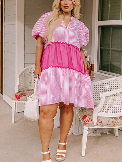 Pink Ricrac Stripe Block Puff Sleeve A-Line Shift Dress