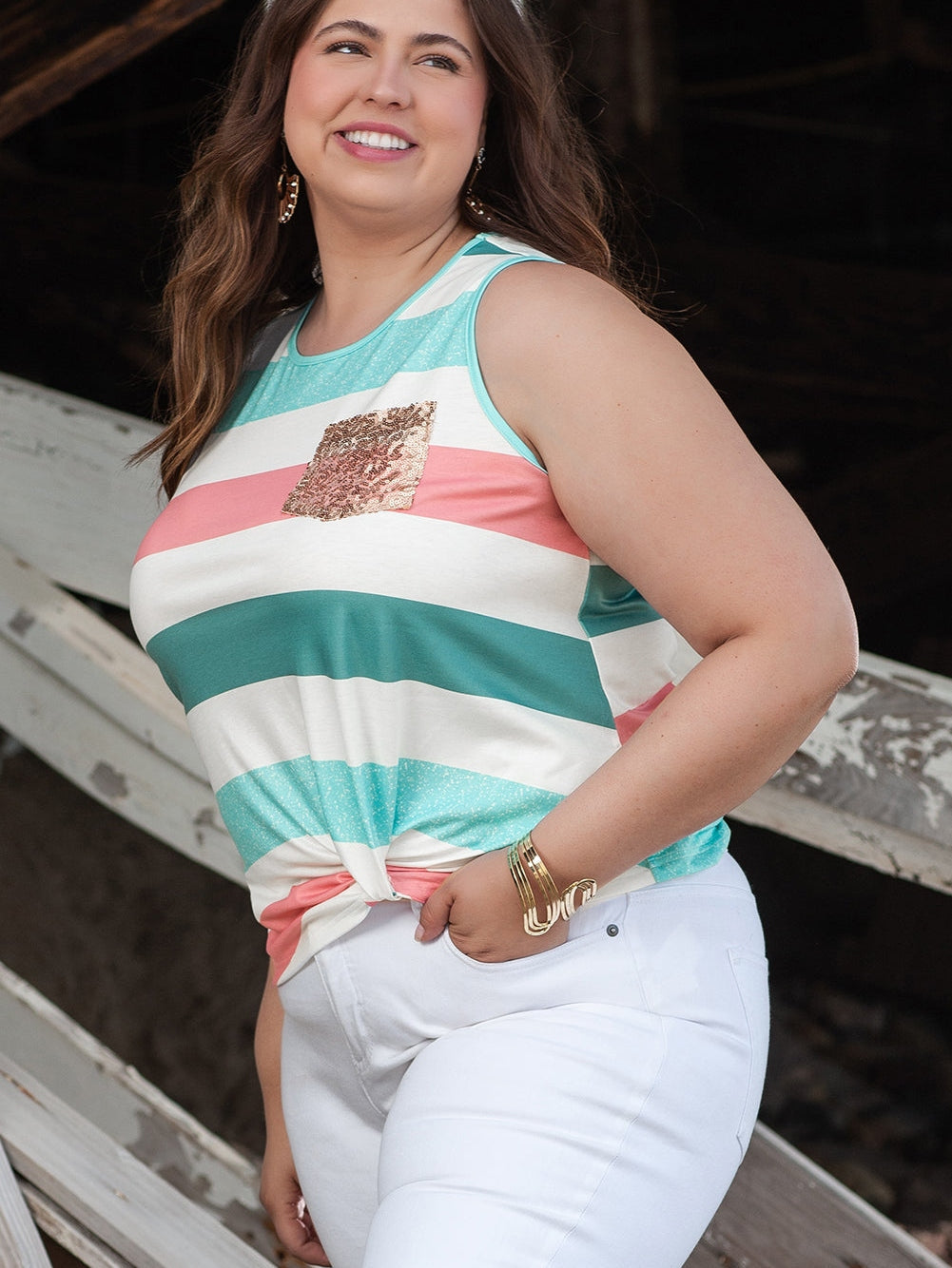 Vibrant Striped Plus Size Crew Neck Tankini Top