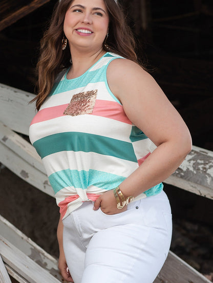 Vibrant Striped Plus Size Crew Neck Tankini Top