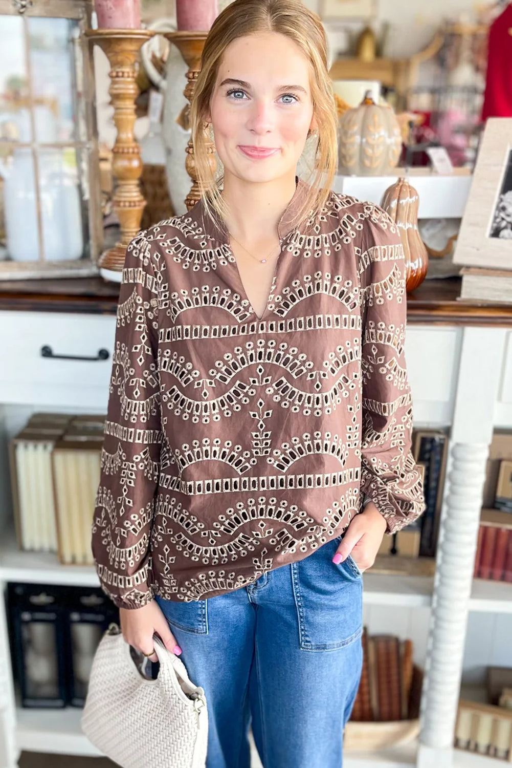 Coffee Embroidered Pattern Notched Neck Long Sleeve Blouse