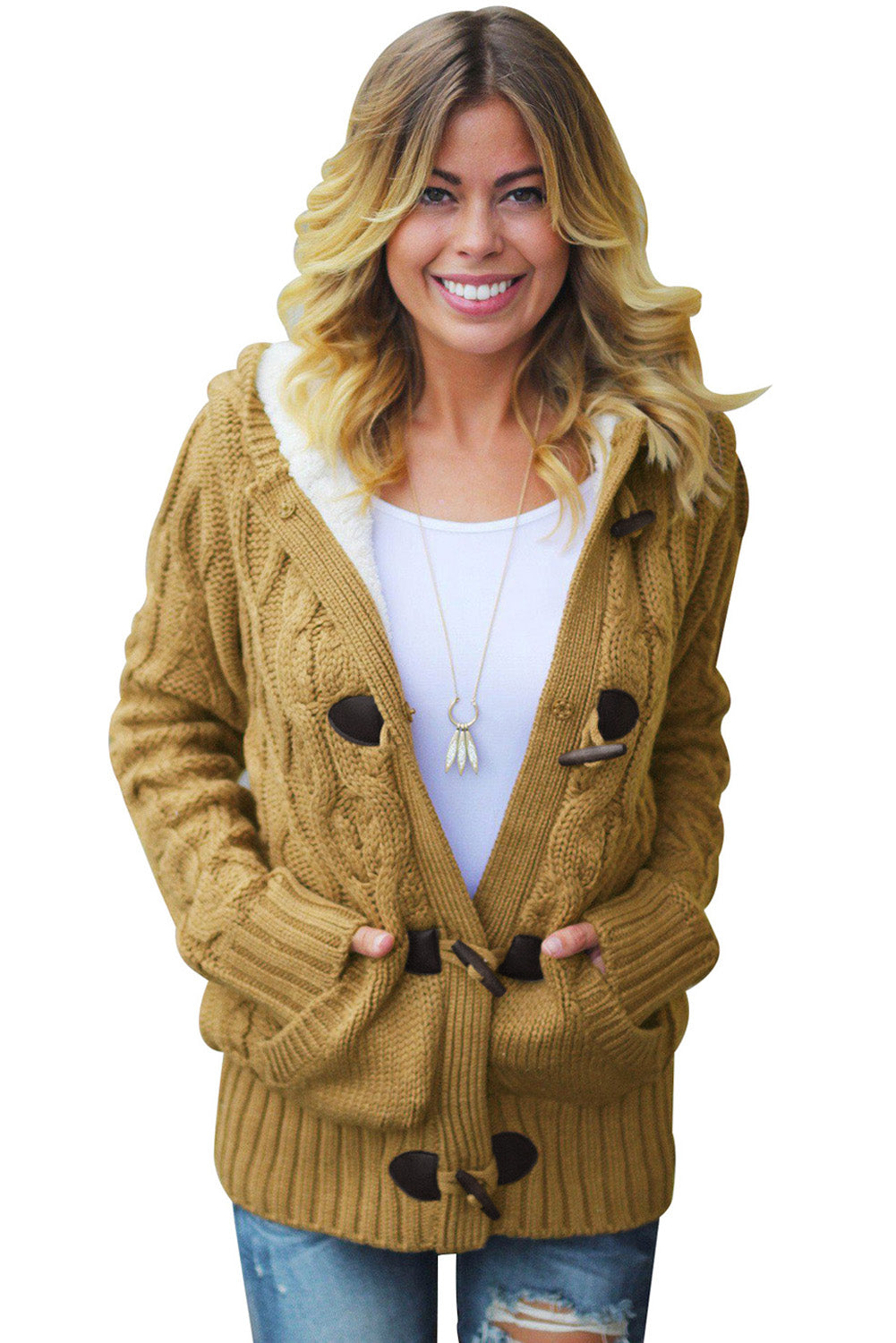 Fur Hood Horn Button Sweater Cardigan