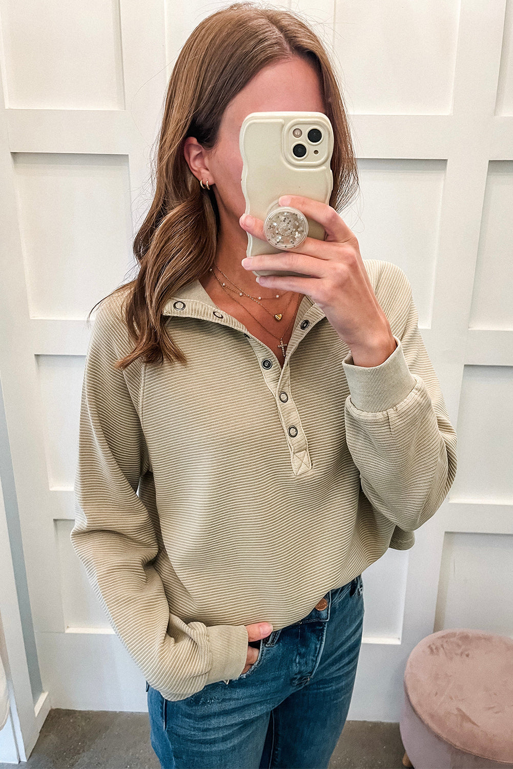 Khaki Stripe Ribbed Texture Raglan Sleeve Half Button Sweatshirt