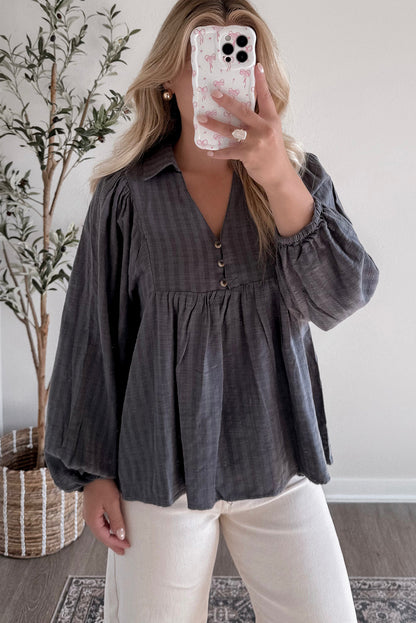 Dark Grey Striped Print Collared Button V Neck Long Puff Sleeve Peplum Blouse