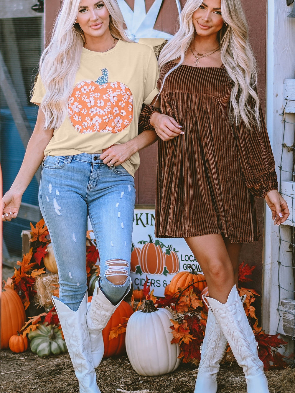 Floral Pumpkin Print Khaki Graphic Tee