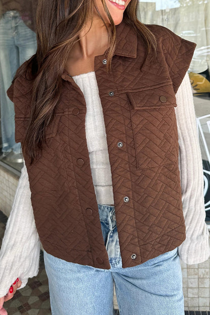 Coffee Quilted Texture Collar Snap Button Winter Vest
