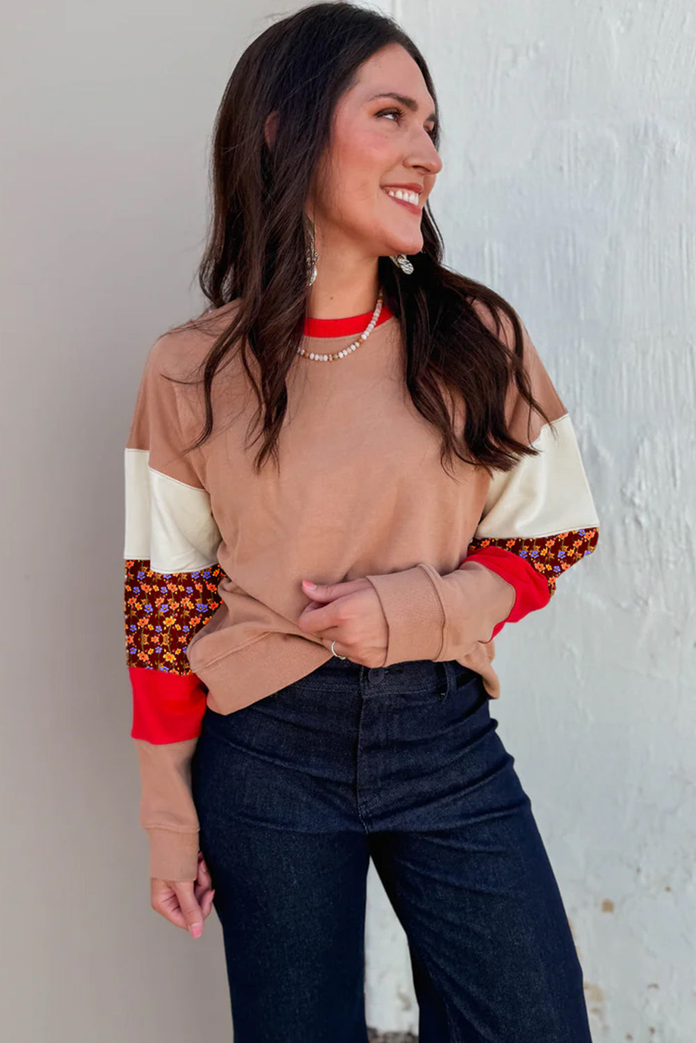 Smoke Gray Color Block Floral Patchwork Drop Shoulder Sweatshirt