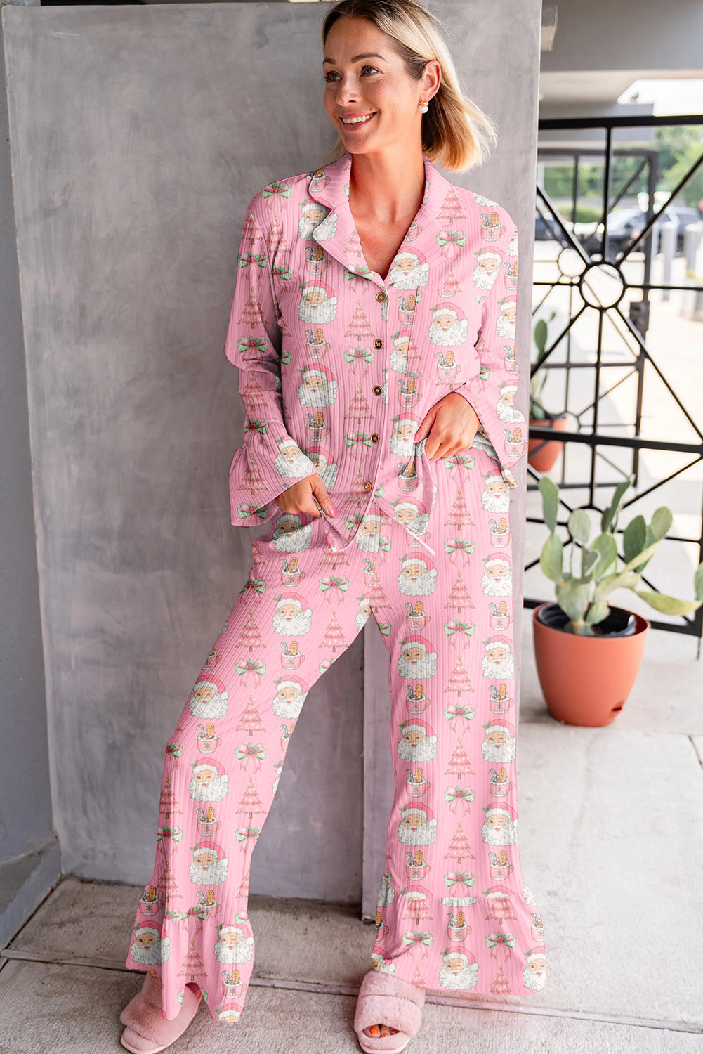 Pink Christmas Print Ribbed Shirt Ruffled Cuffs 2pcs Pajama Pant Set