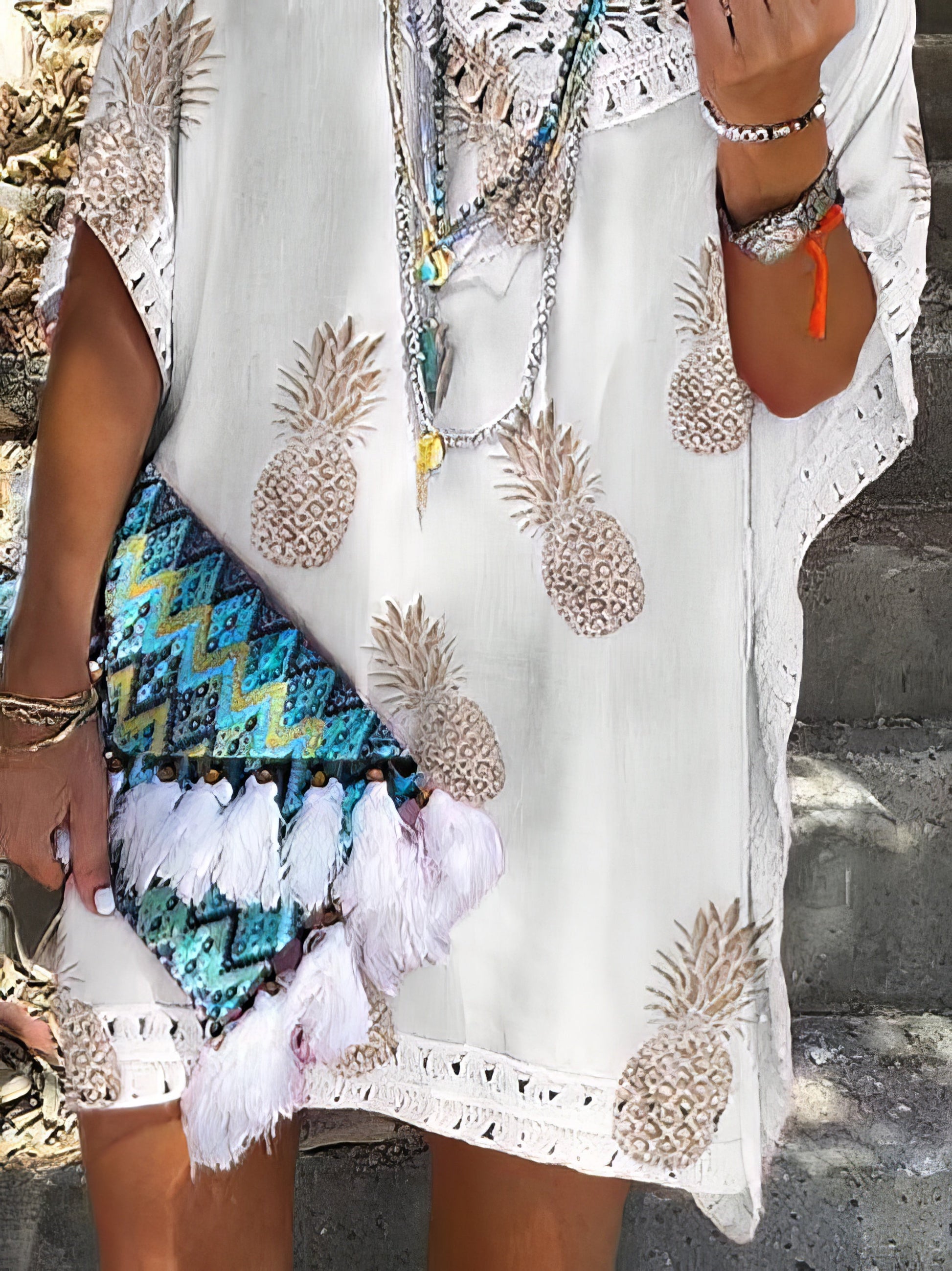 Mini Dresses - Casual Loose Lace V Neck Pineapple Print Mini Dress - MsDressly