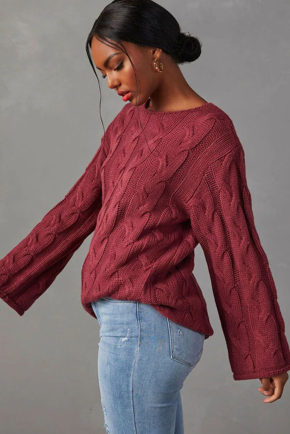 Mineral Red Round Neck Cable Knit Oversize Sweater