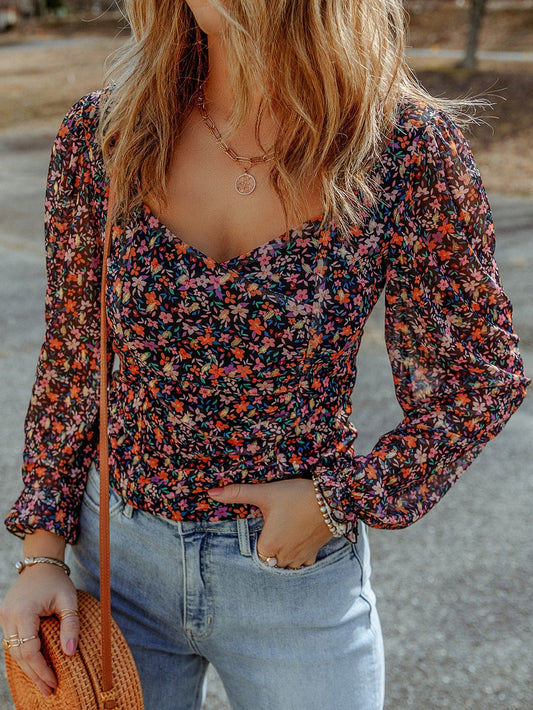 Elegant Black Floral Blouse with Bubble Sleeves