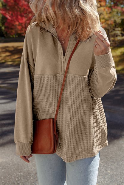 Parchment Waffle Knit Patchwork Half Zipped Casual Sweatshirt