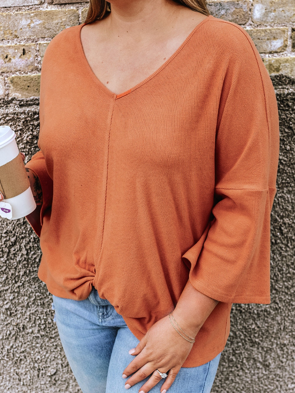 Gold Flame Plus Size Twist Hem Bracelet Sleeve Ribbed Top