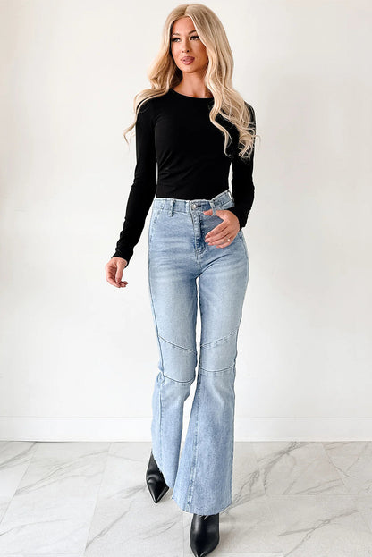 Black Ribbed Long Sleeve Crew Neck Solid Color Bodysuit
