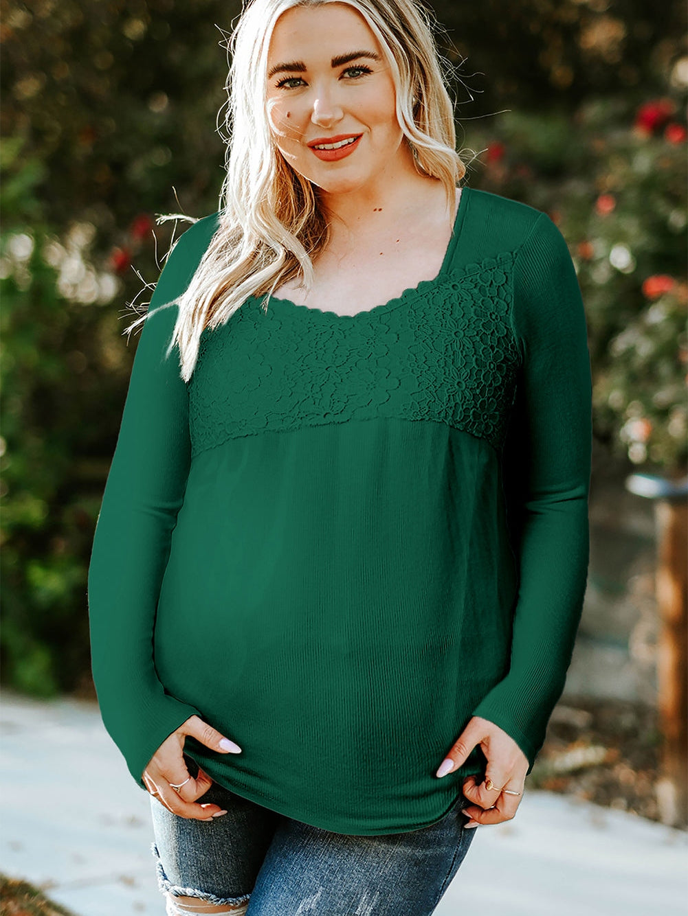Green Floral Lace V Neck Long Sleeve Top