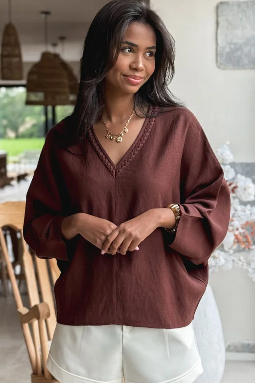 Red Sandalwood Braided Trim V Neck Oversize Top Drawstring Pants Loose 2pcs Outfit