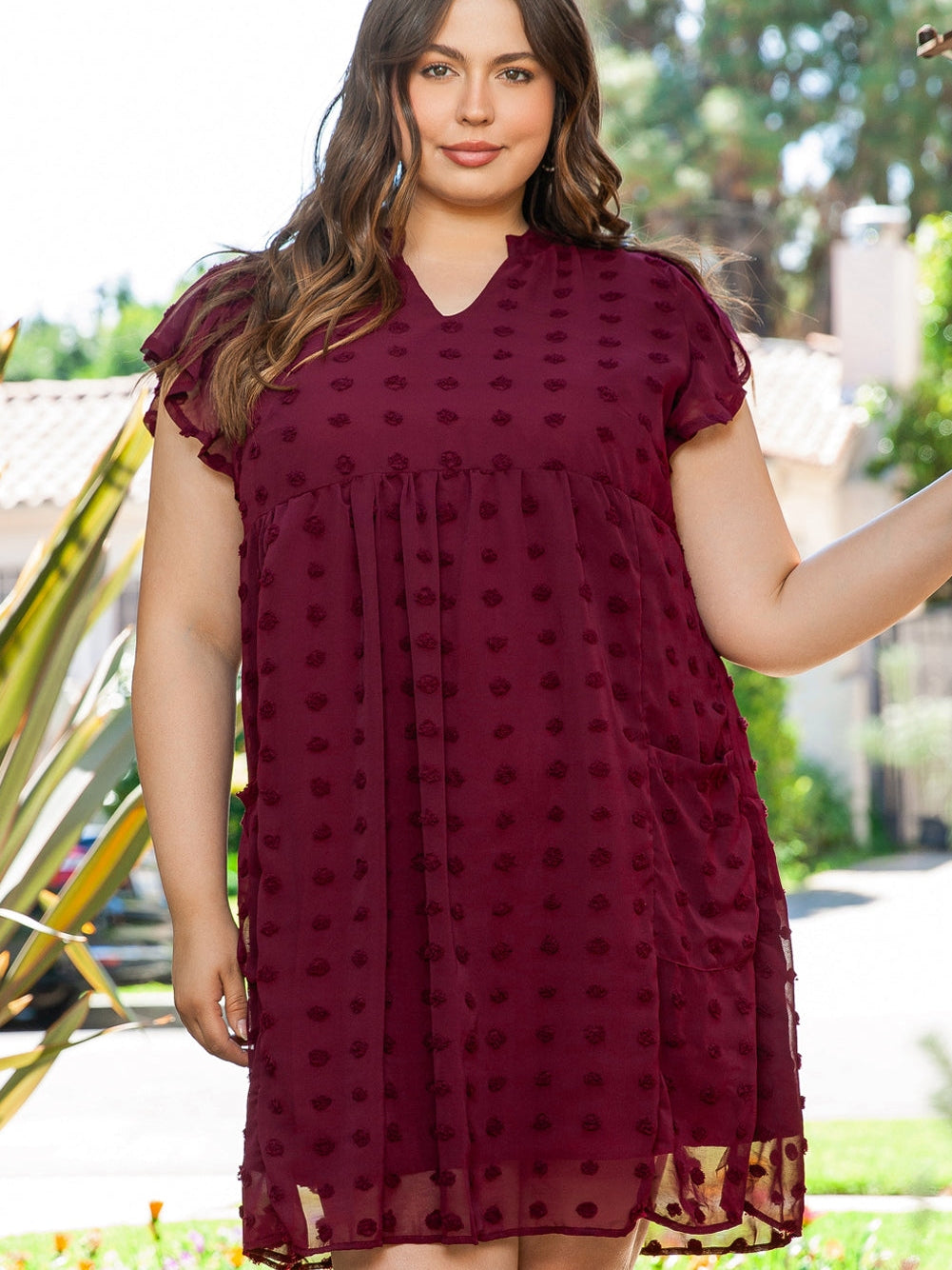 Swiss Dot Burgundy Plus Size V-Neck Mini Dress with Ruffled Sleeves
