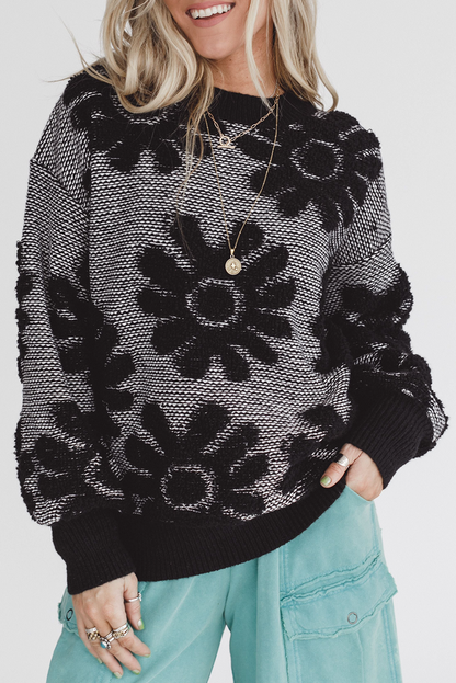 Black Plush Flower Pattern Drop Shoulder Sweater
