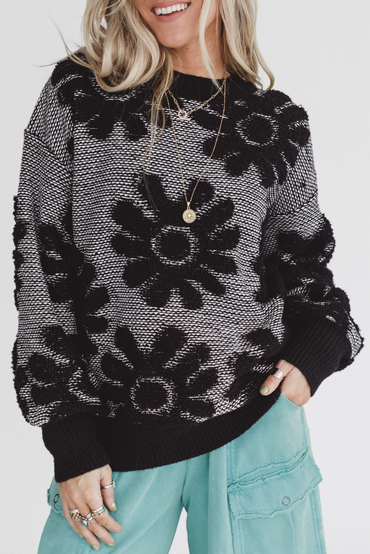 Black Plush Flower Pattern Drop Shoulder Sweater