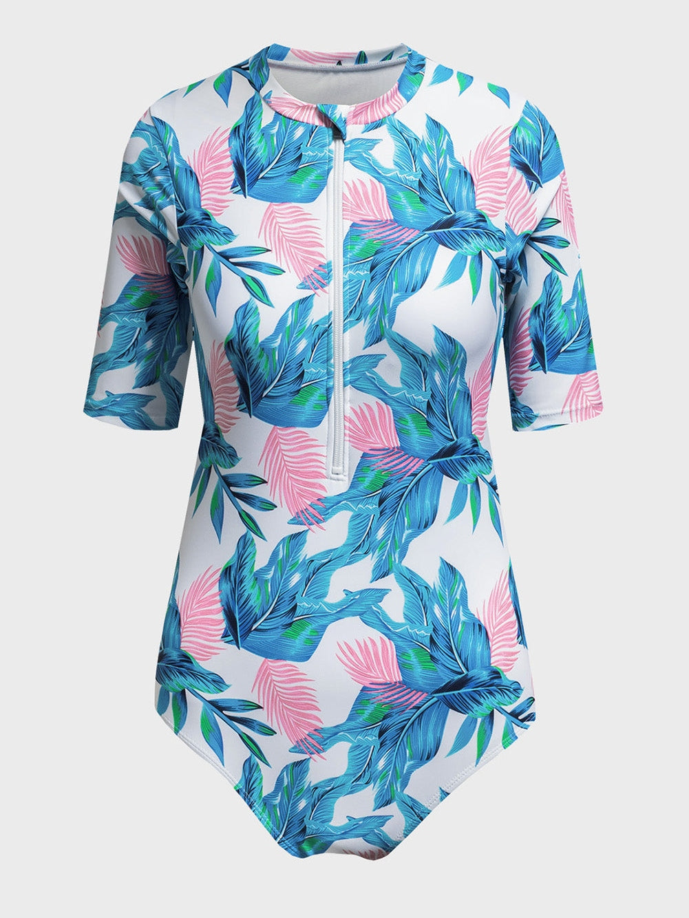 Floral Print Zip Front Half Sleeve Beach One Piece Swimsuit