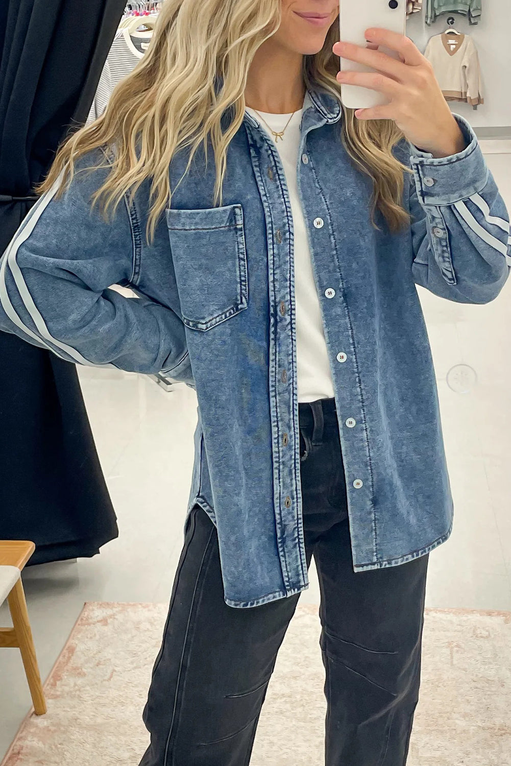 Myosotis Varsity Striped Detail Button Down Loose Denim Jacket