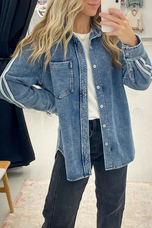 Myosotis Varsity Striped Detail Button Down Loose Denim Jacket