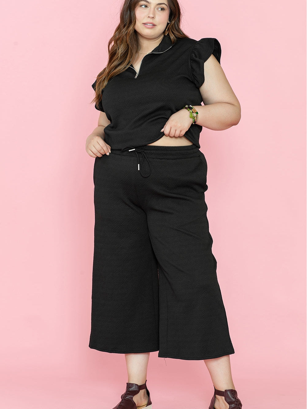 Chic Black Ruffle Sleeve Quarter Zip Top with Wide Leg Pants Set