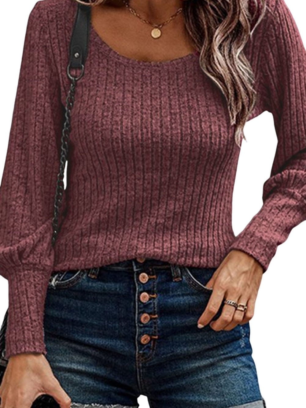 Elegant Red Ribbed Bishop Sleeve Top with Round Neck