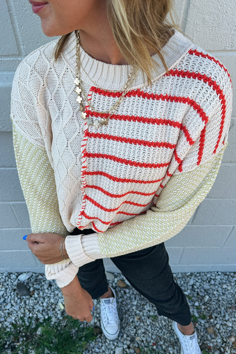 Red Stripe Mix Texture Patchwork Drop Shoulder Knit Loose Sweater