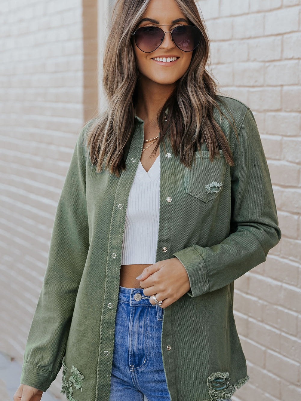 Green Distressed Cotton Shacket