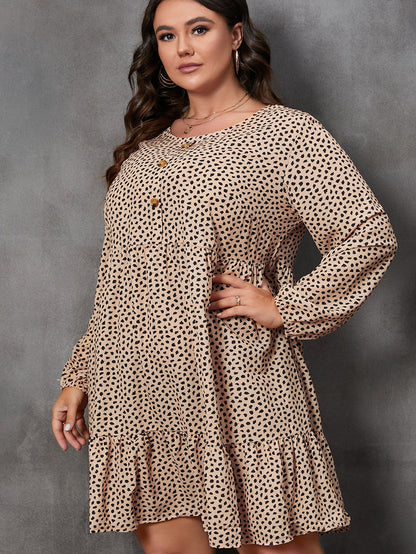 Brown Leopard Spotted Print Tiered Long Sleeve Plus Size Dress