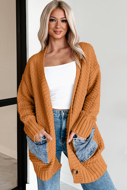 Chestnut Open Front Knitted Denim Pocket Patchwork Cardigan