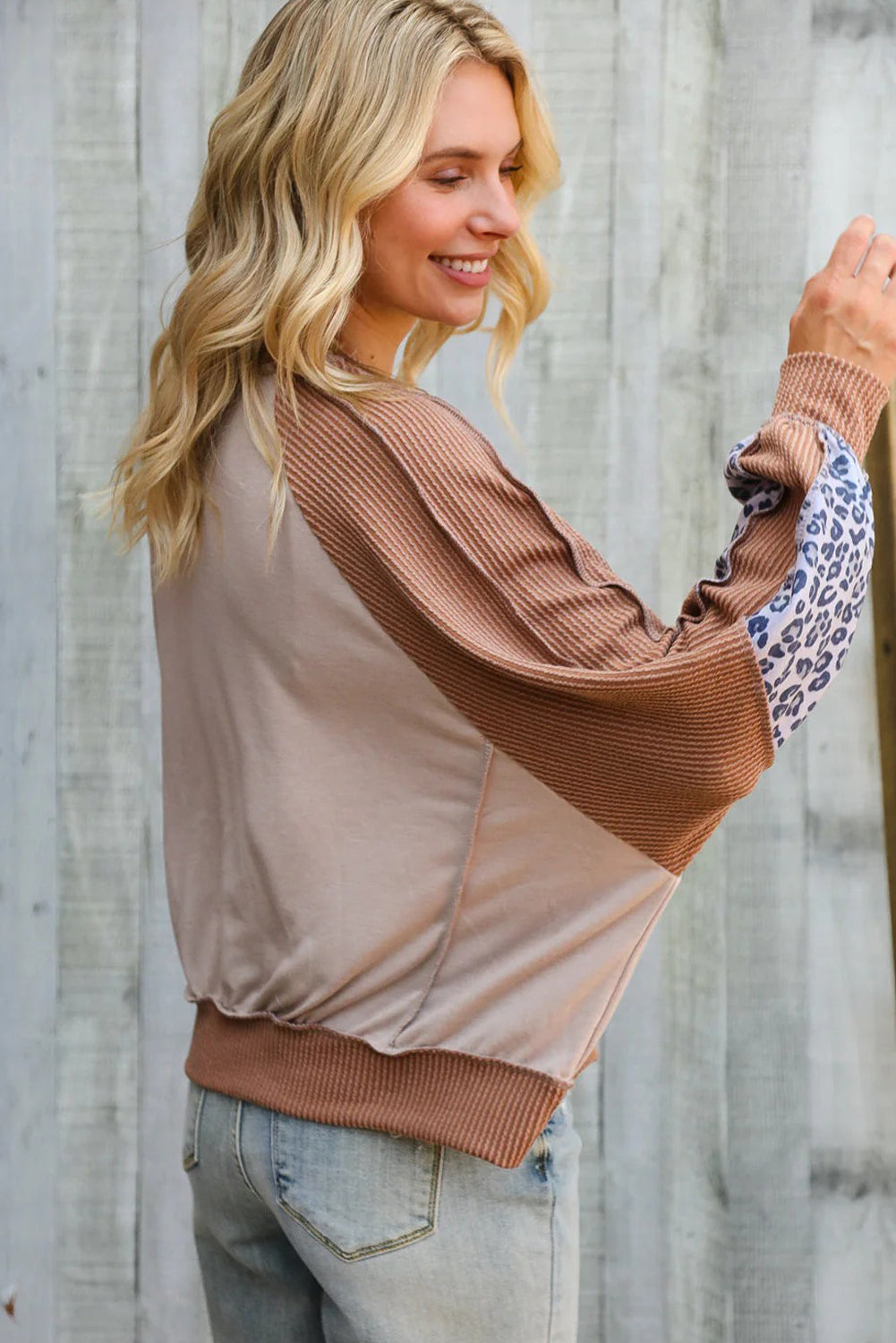 Straw Yellow Color Block Twisted Rib Leopard Patchwork Long Sleeve Top