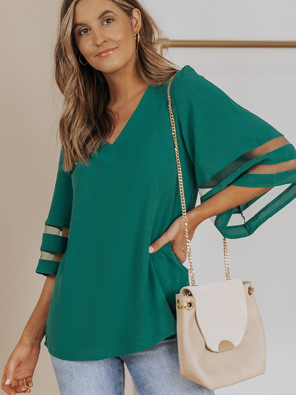 Green Sheer Flare Sleeve V Neck Casual Blouse