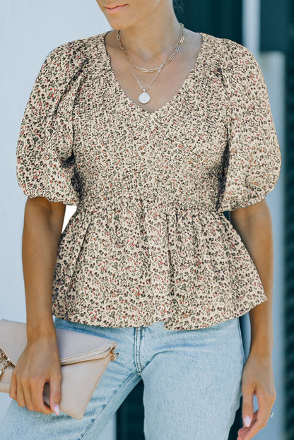Floral Puff Sleeve Peplum Blouse