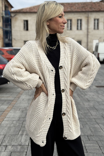 Beige Cable Knit Button V Neck Oversize Sweater Cardigan
