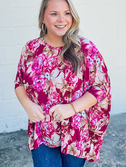 Red Floral Print Short Sleeve Plus Size Blouse