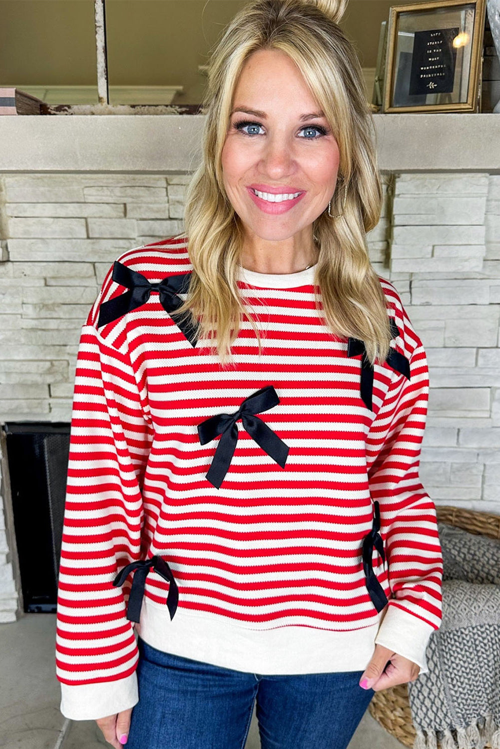 Red Stripe Satin Ribbon Bow Detail Drop Shoulder Sweatshirt