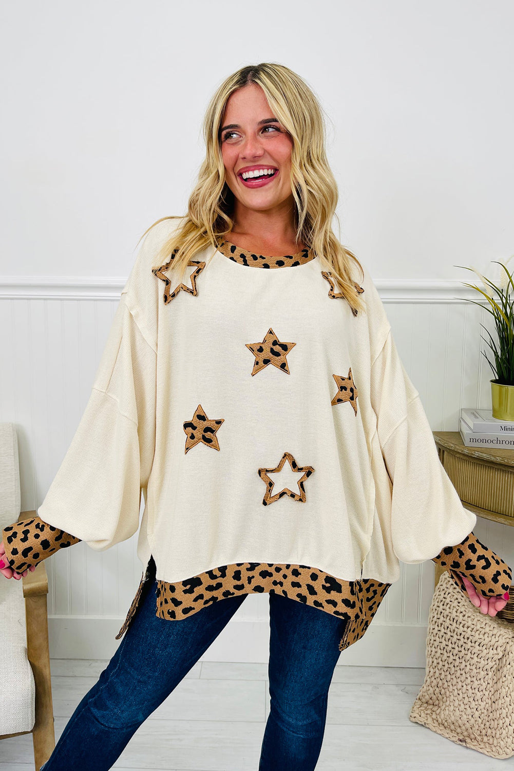 Beige Thermal Knit Leopard Trim Star Embroidered Long Sleeve Top