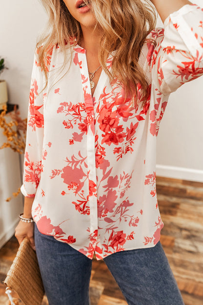 Floral Plant Pattern Pleated Back V-Neck Shift Top