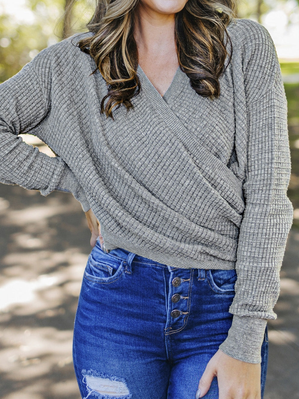 Khaki Reversible V-Neck Waffle Knit Sweater