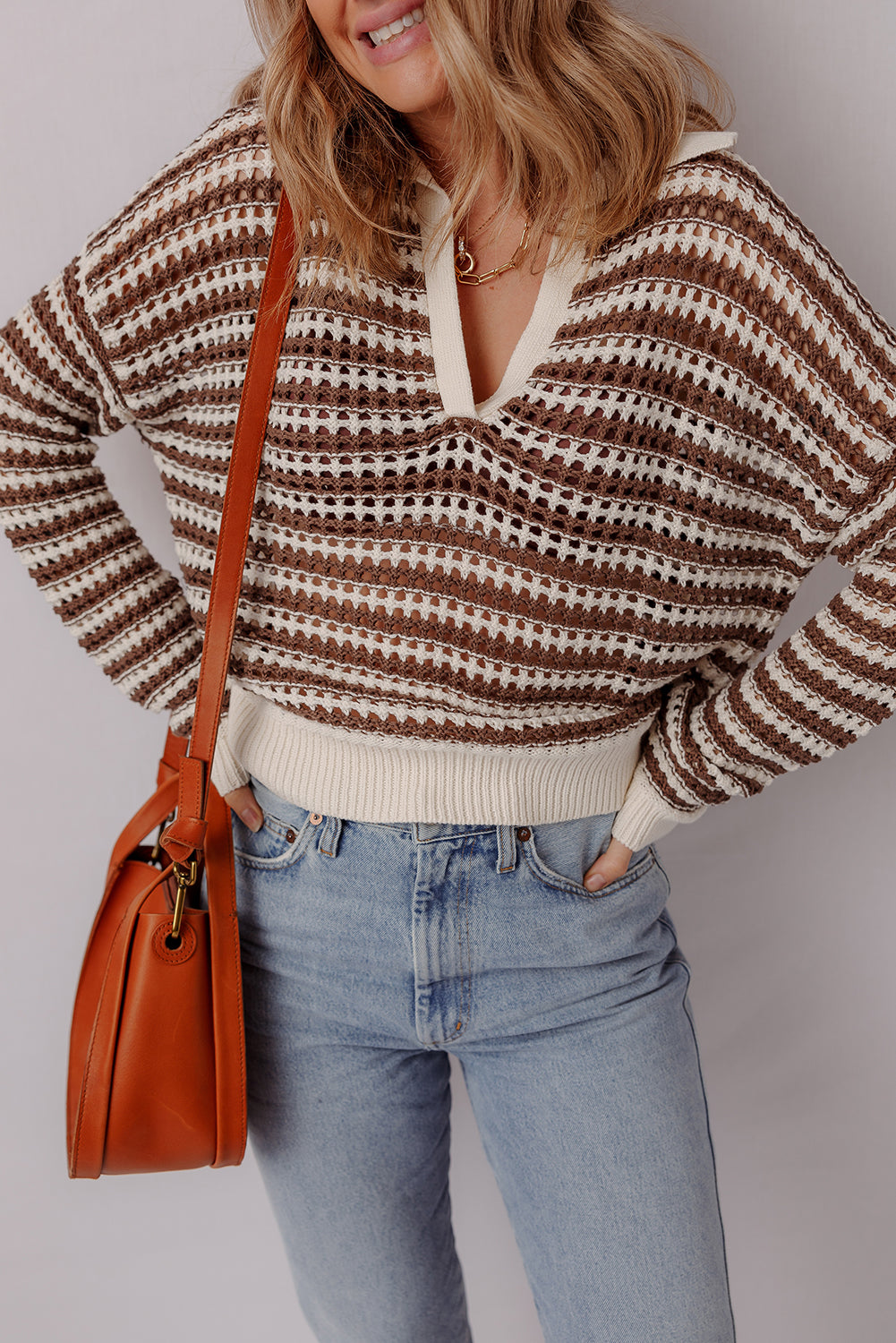 Brown Stripe Eyelet Hollow-out Contrast Collared Pullover Chic Sweater