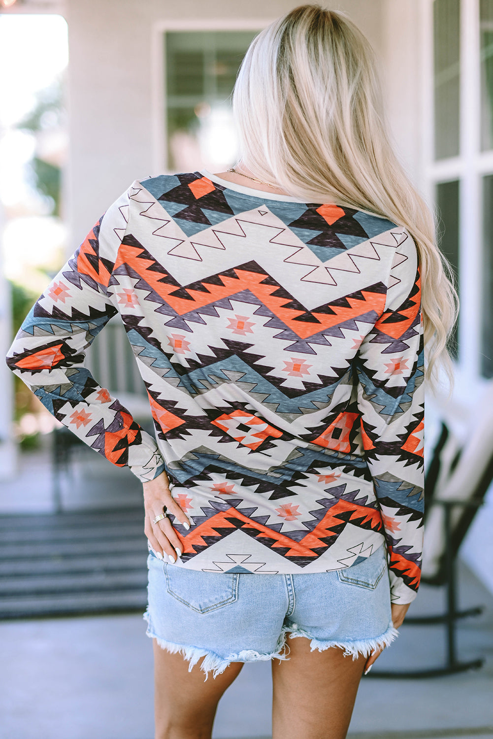 Aztec Print V Neck Long Sleeve Top - Western Inspired Fashion Piece