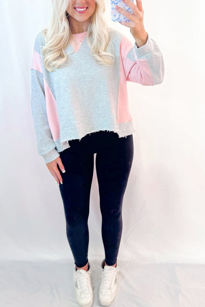 Light Grey Colorblock Raw Edge Casual Sweatshirt