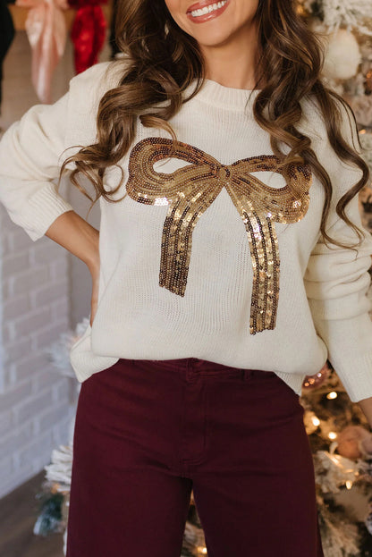 White Sequined Bow Graphic Christmas Holiday Sweater