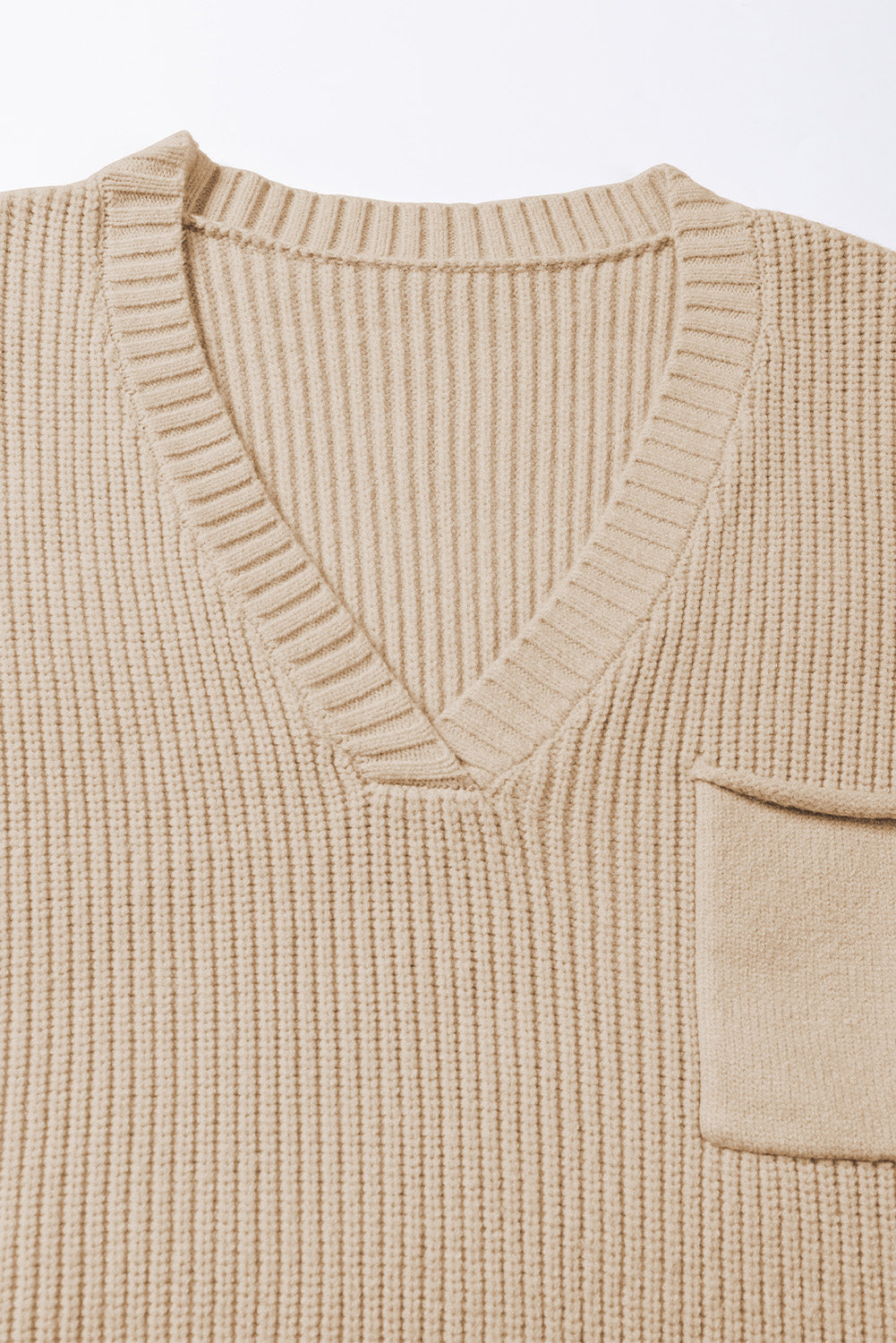Apricot Ribbed V Neck Cap Sleeve Sweater with Chest Pocket