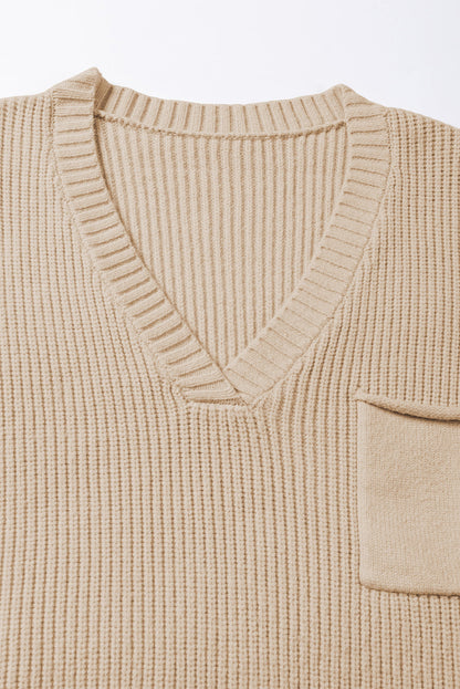 Apricot Ribbed V Neck Cap Sleeve Sweater with Chest Pocket